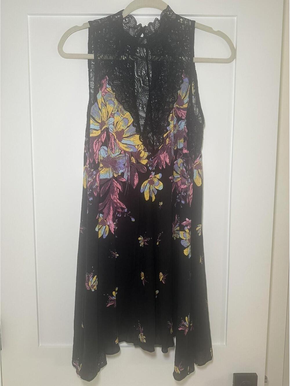 Free People Marsha Printed Slip Floral Lace Dress Onyx Combo Size S Retail $88